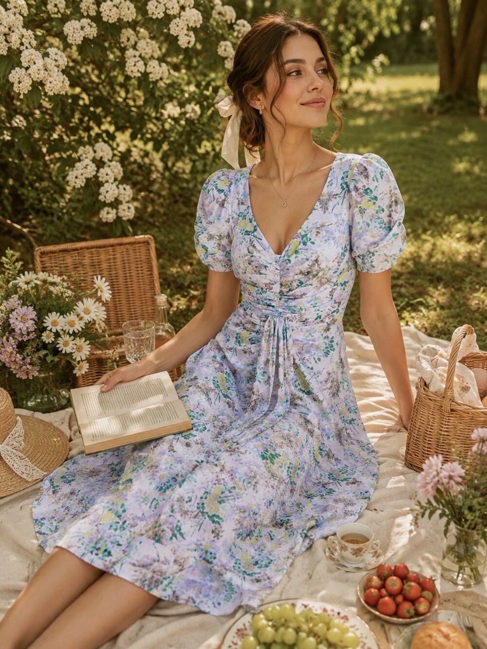 Cinq a Sept Walker Floral Puff Sleeve Midi Dress Romantic Cottagecore Size 6